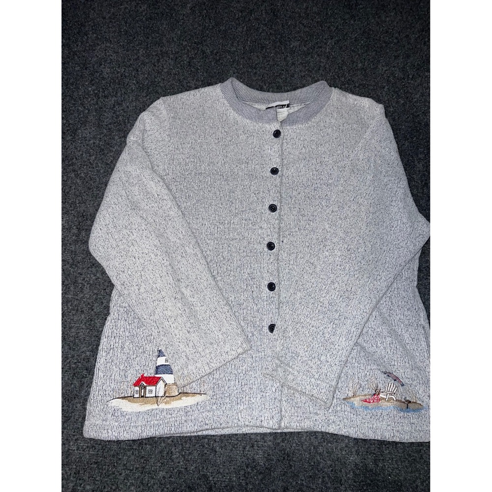 BonWorth Womens Petite Medium Gray Marl Embroidered Lighthouse Cardigan Sweater